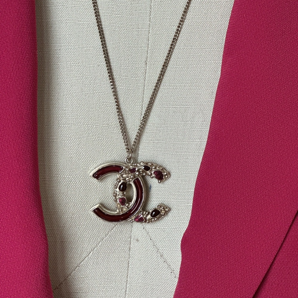 CHANEL Silver Necklace with Red Accents
